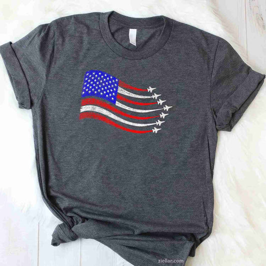 American Patriotic Fighter Jets USA Flag Waving 4th of July T-Shirt Tee for Men Women Adults Unisex