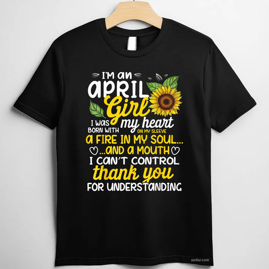April Sunflower Girl Tee and T-Shirt, I’m a Queen Born in April T-Shirt Gift for Women Adults