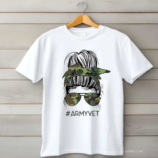 Army Vet Life Messy Bun Camo Print Sunglasses Veterans Day T-Shirt And Tee For Women