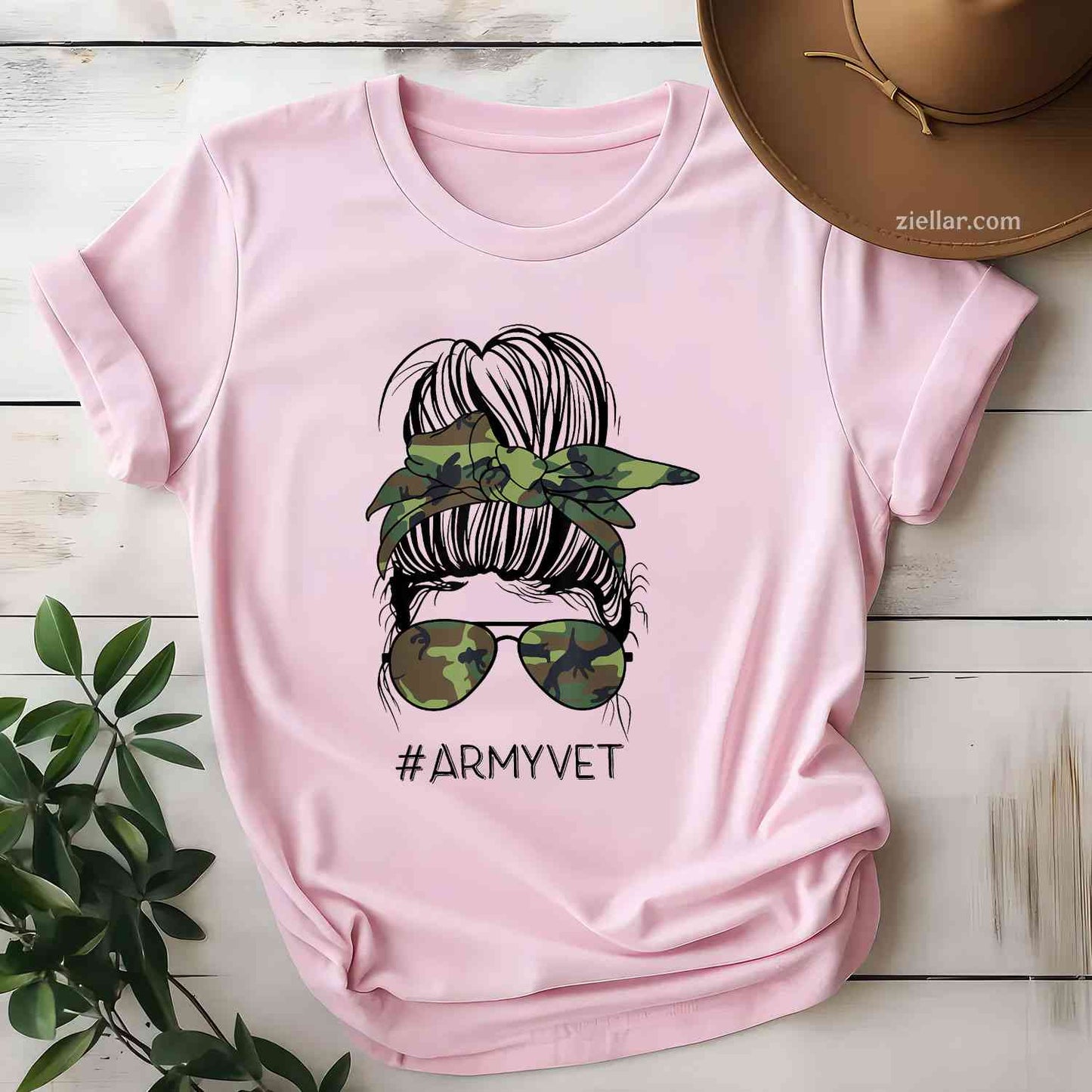 Army Vet Life Messy Bun Camo Print Sunglasses Veterans Day T-Shirt And Tee For Women