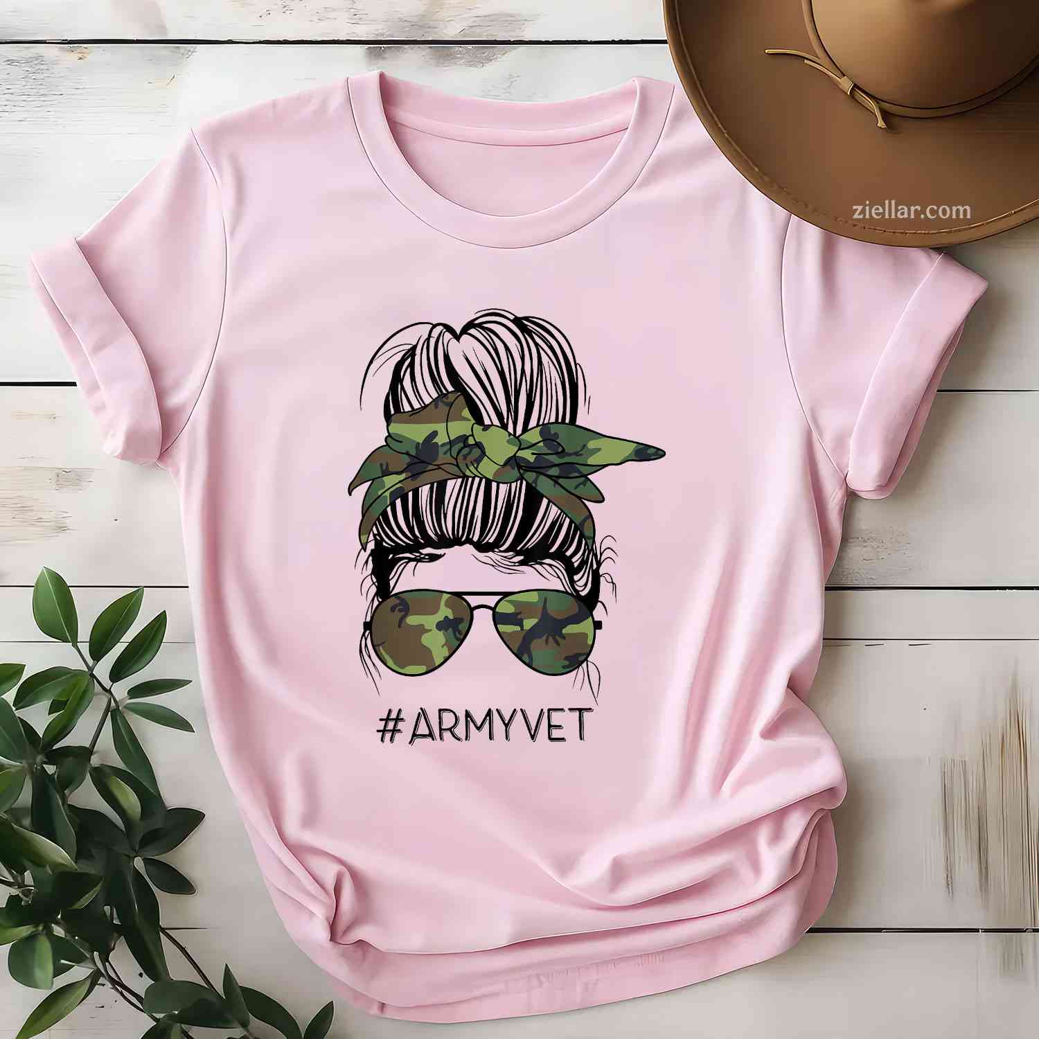 Army Vet Life Messy Bun Camo Print Sunglasses Veterans Day T-Shirt And Tee For Women