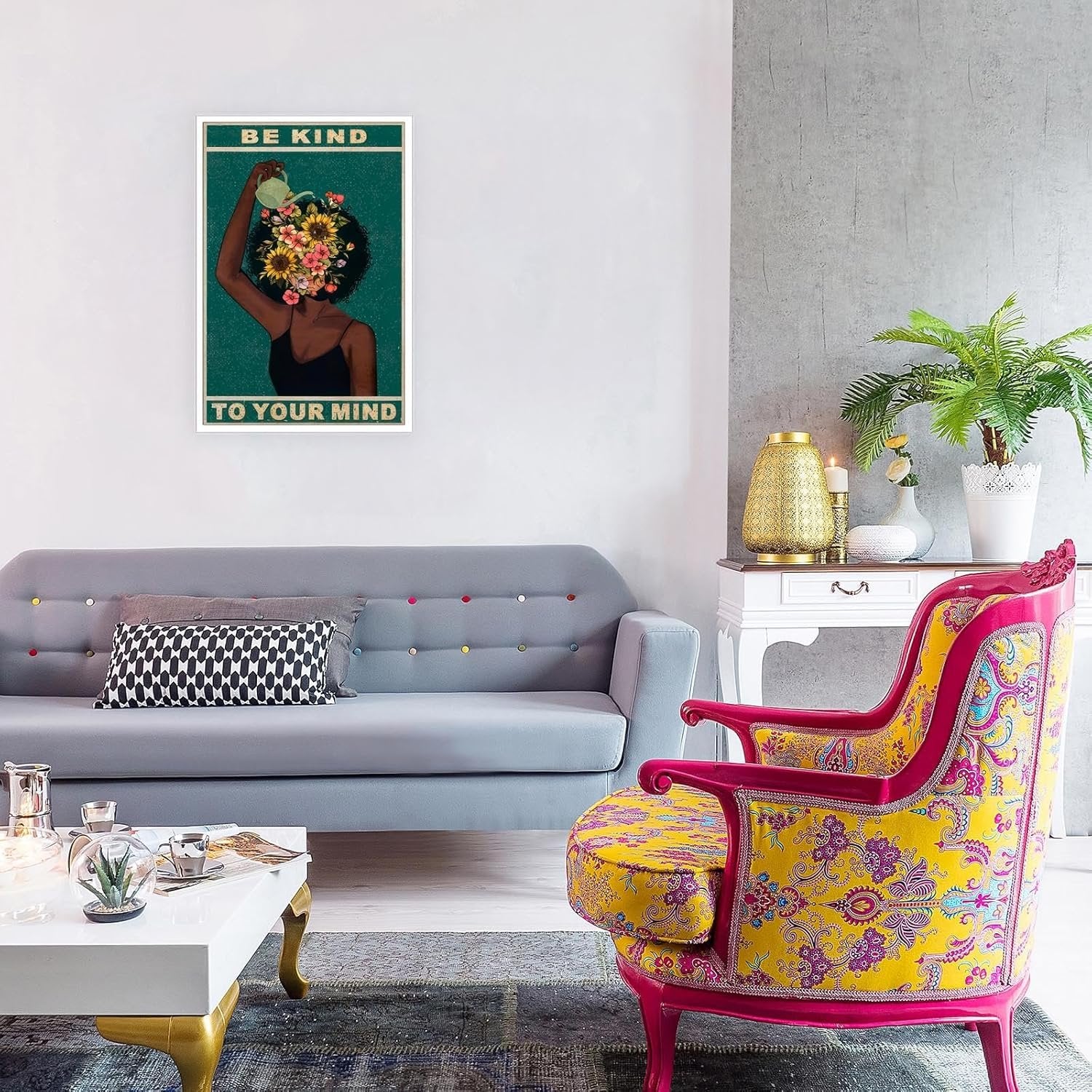 Be Kind To Your Mind Poster and Canvas, Fashion Black Girl Wall Art, Mental Health Quote Painting Floral Positivity Decor