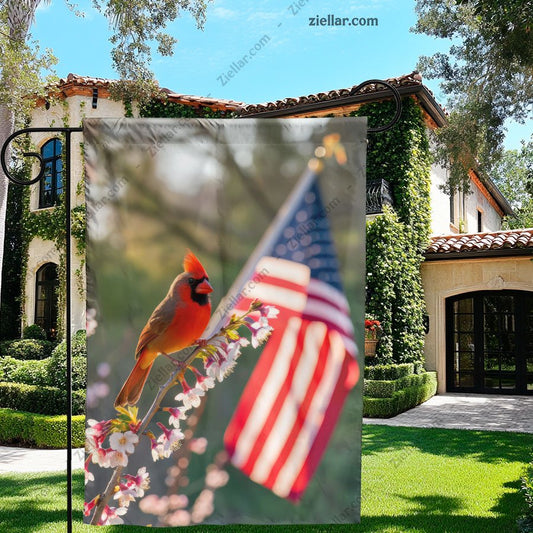 Beautiful Red Cardinal Bird with American Flag Patriotic Home Decor Gift
