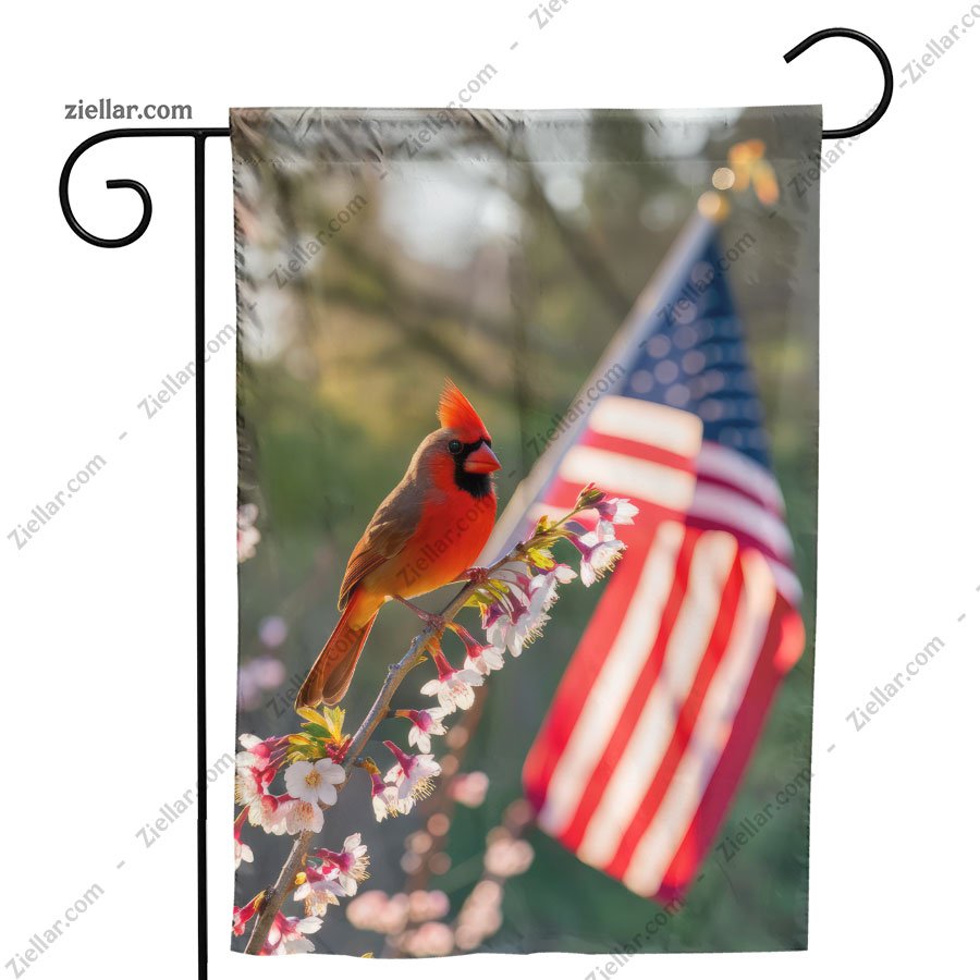 Beautiful Red Cardinal Bird with American Flag Patriotic Home Decor Gift
