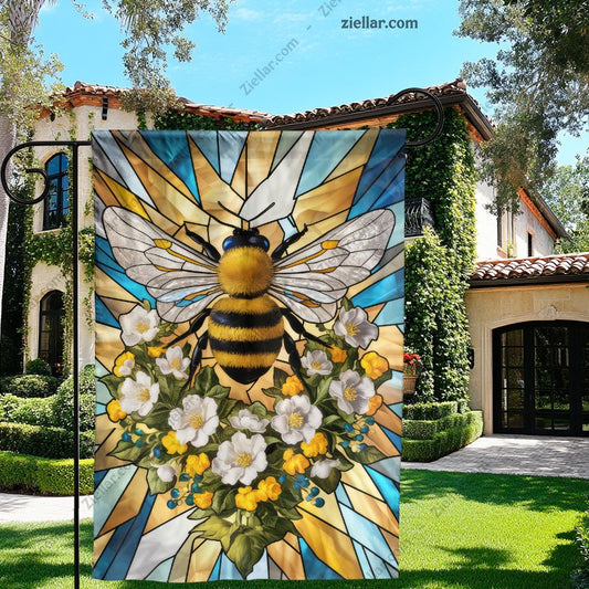 Bee Stained Glass Style Garden Flag Outdoor Yard Decor Spring Summer Banner