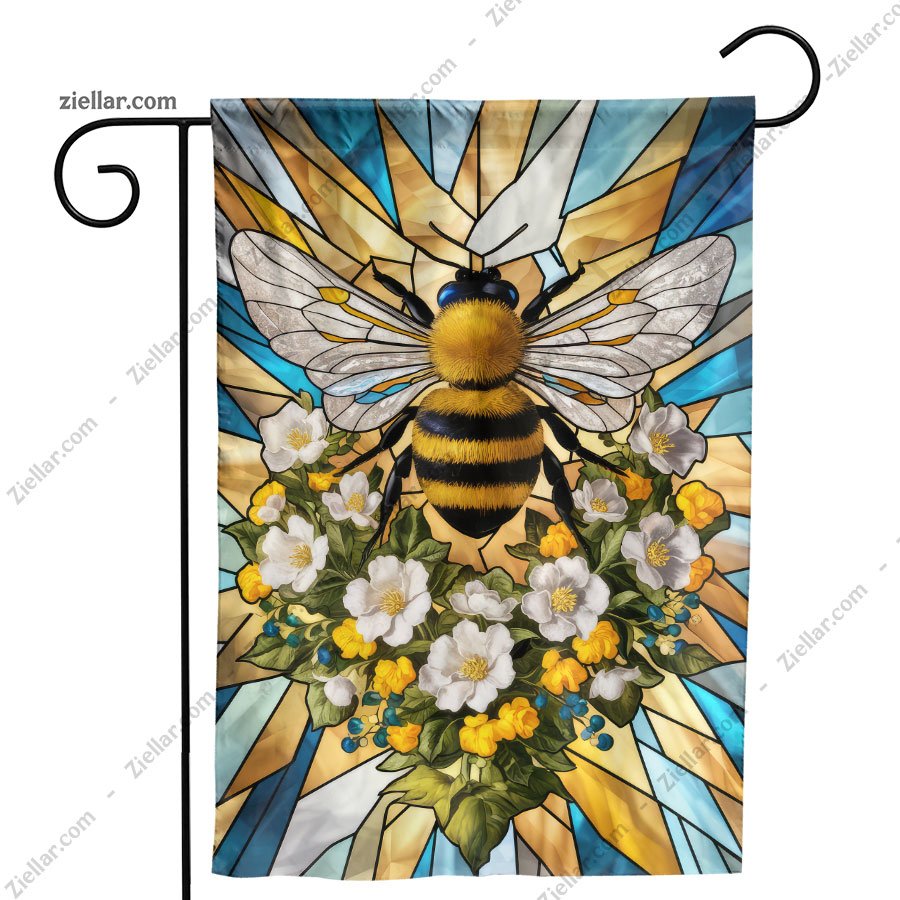 Bee Stained Glass Style Garden Flag Outdoor Yard Decor Spring Summer Banner