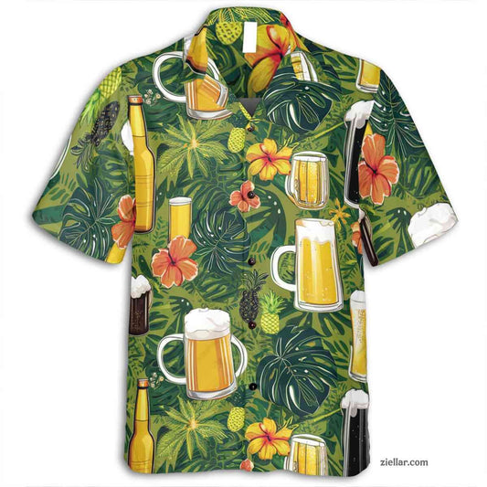 Beer & Pineapple Print Hawaiian Shirt Tee, Tropical Beach Party Outfit