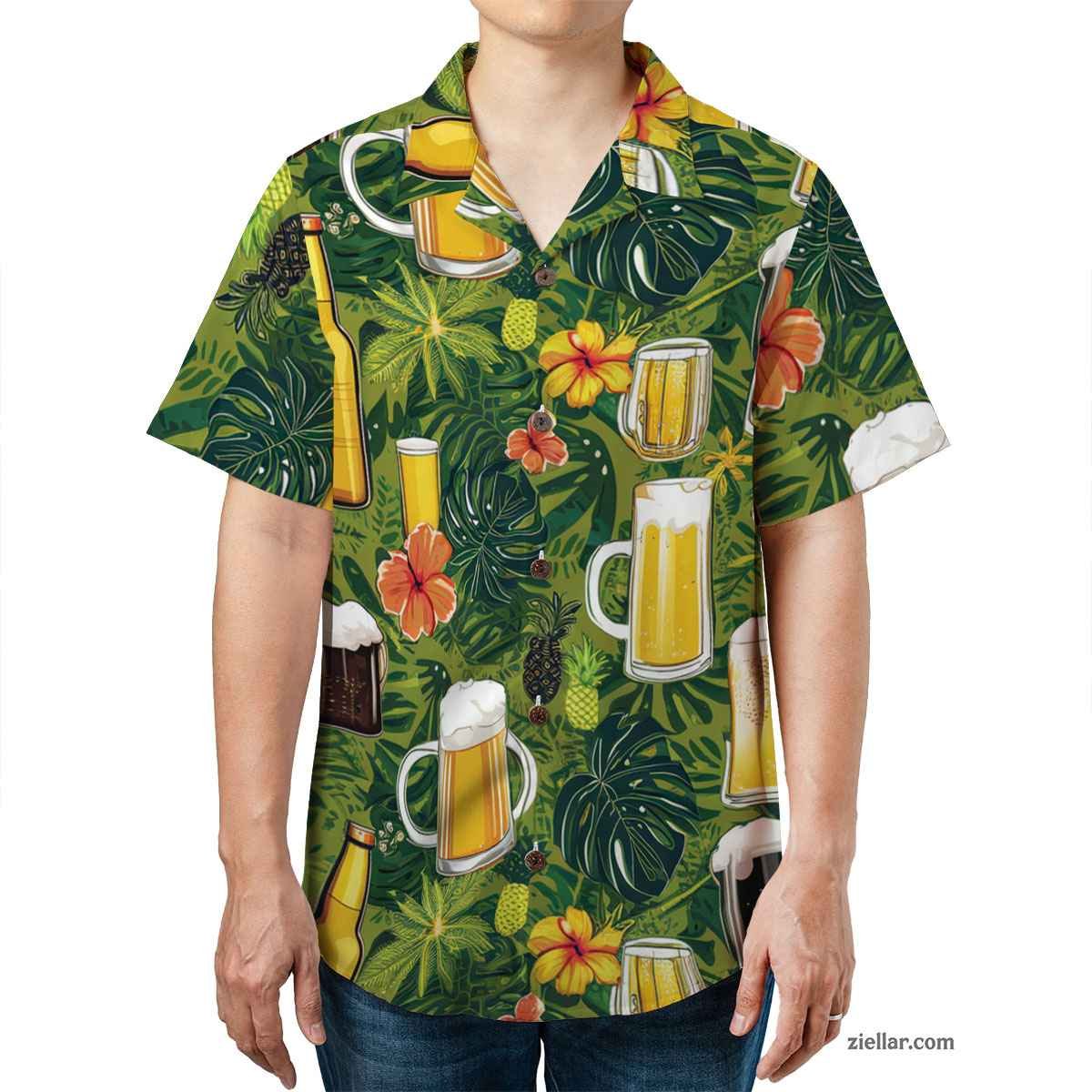 Beer & Pineapple Print Hawaiian Shirt Tee, Tropical Beach Party Outfit