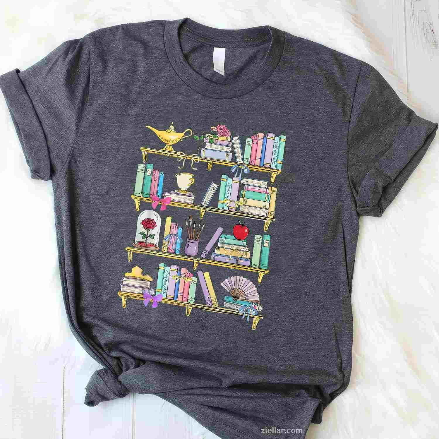 Belle'S Bookshelf Book Lover Coquette Reader T-Shirt, Vintage Graphic Tee For Women Adults