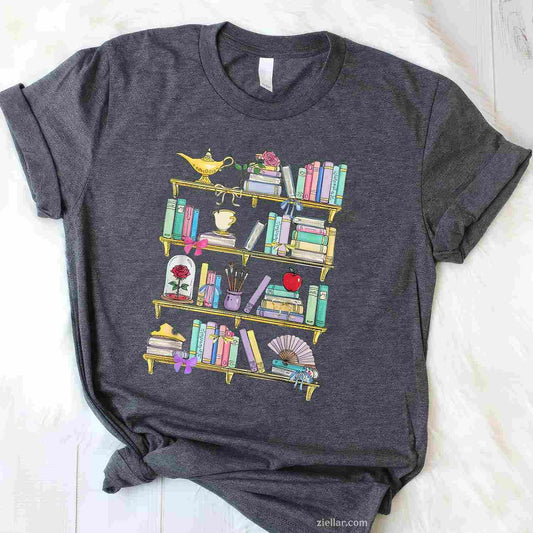 Belle'S Bookshelf Book Lover Coquette Reader T-Shirt, Vintage Graphic Tee For Women Adults