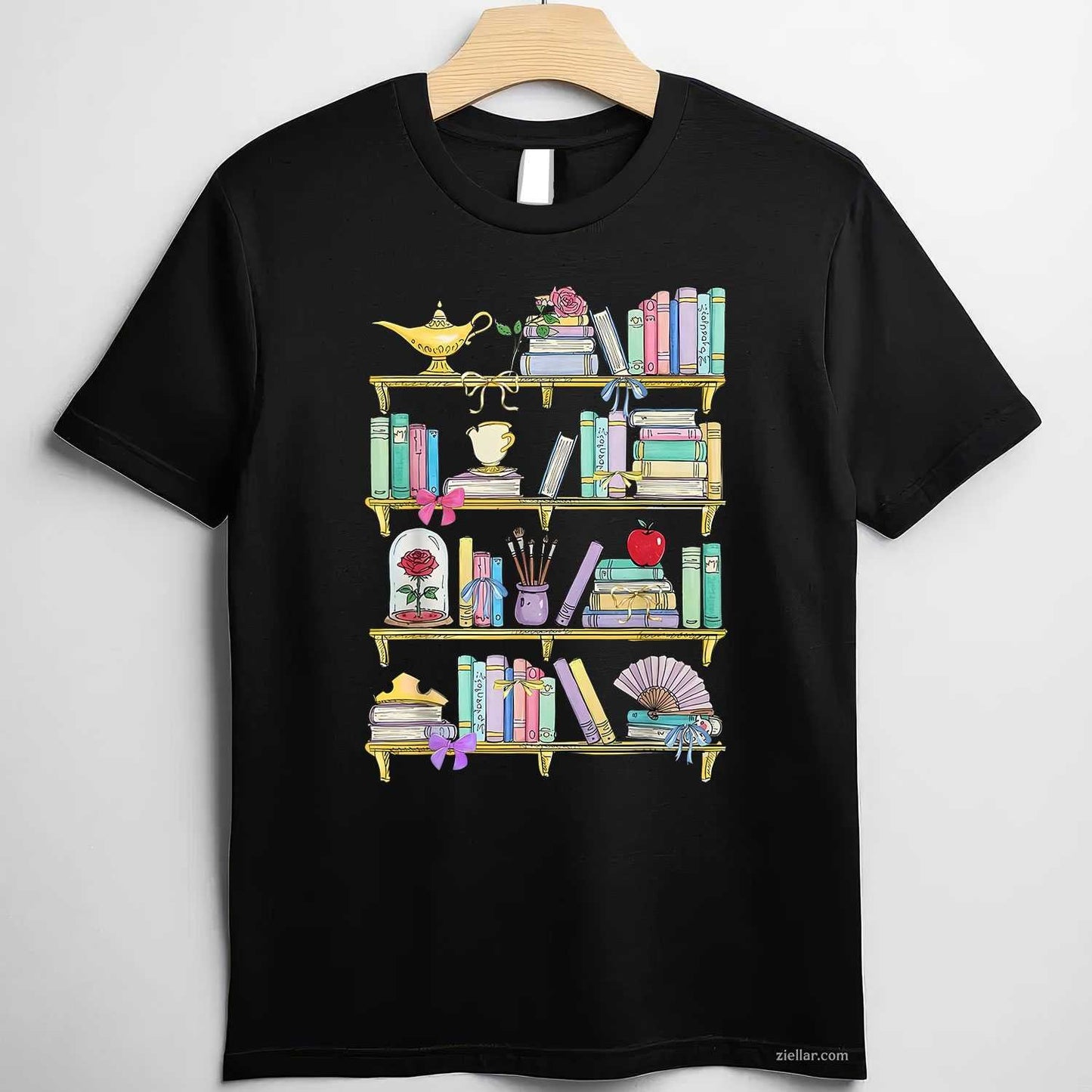 Belle'S Bookshelf Book Lover Coquette Reader T-Shirt, Vintage Graphic Tee For Women Adults