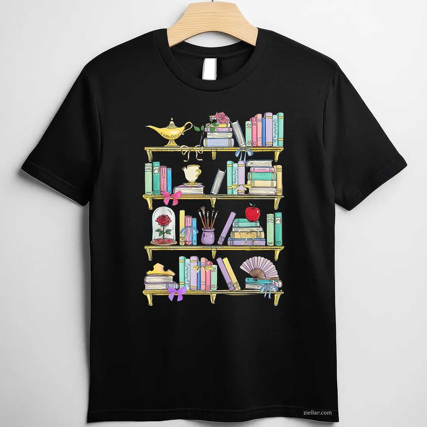 Belle'S Bookshelf Book Lover Coquette Reader T-Shirt, Vintage Graphic Tee For Women Adults