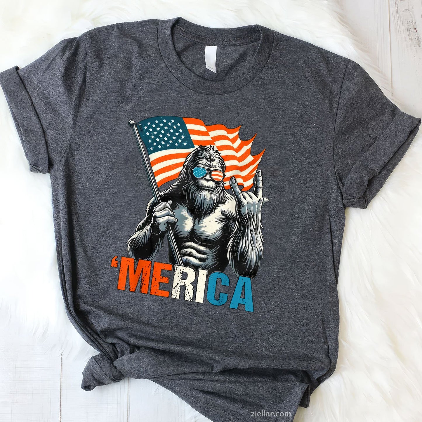 Bigfoot Merica Rock American Flag Patriotic 4th Of