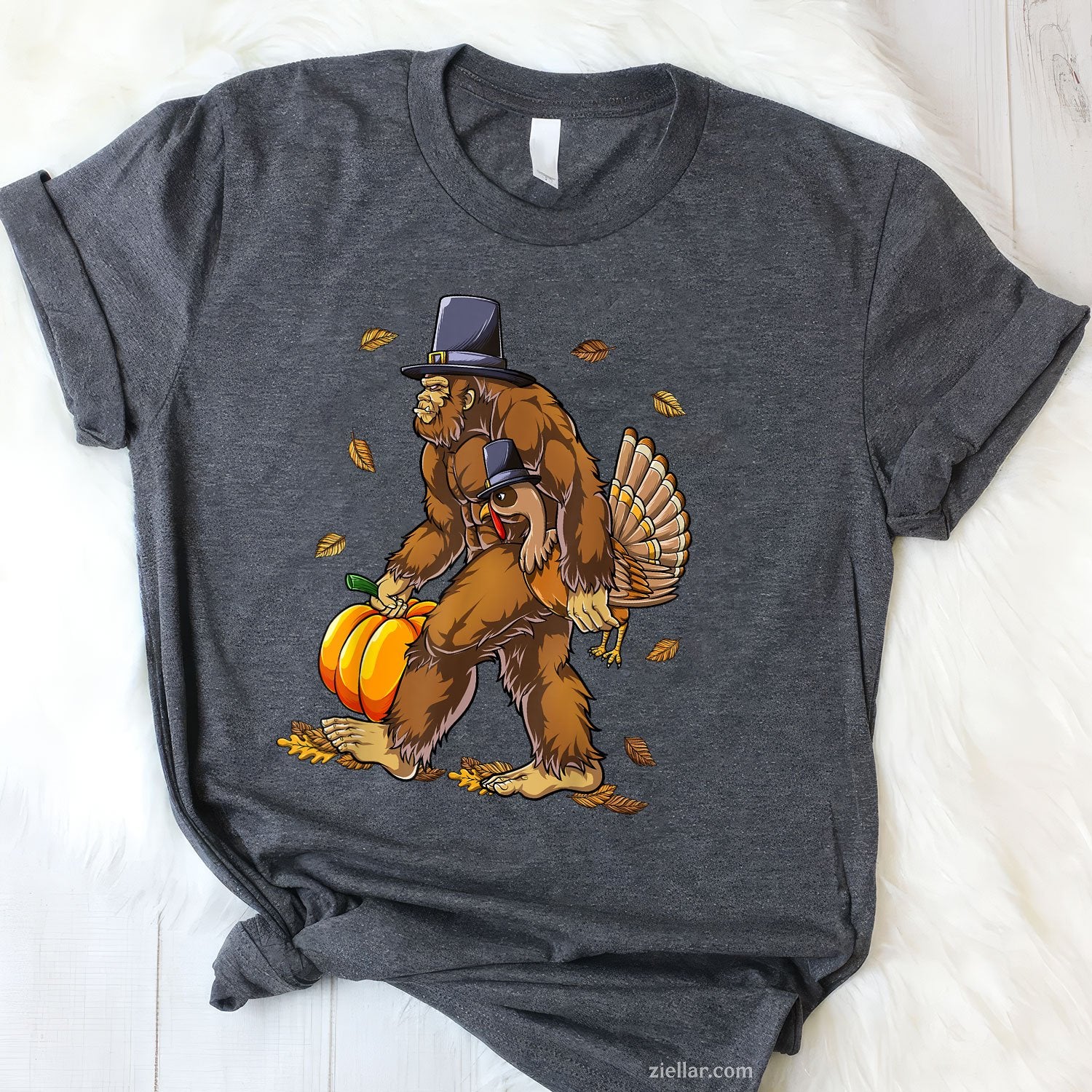 Bigfoot Pilgrim Turkey Tee and T-Shirt, Funny Fall Pumpkin Thanksgiving T-Shirt for Adults