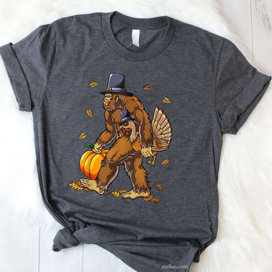 Bigfoot Pilgrim Turkey Tee and T-Shirt, Funny Fall Pumpkin Thanksgiving T-Shirt for Adults