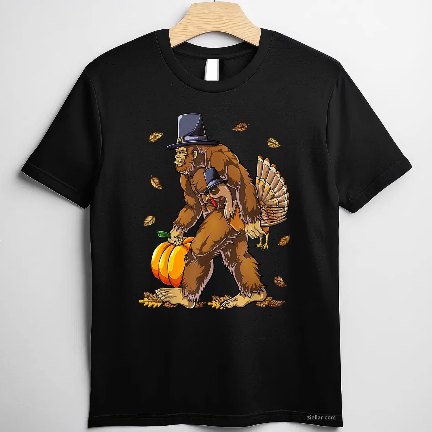 Bigfoot Pilgrim Turkey Tee and T-Shirt, Funny Fall Pumpkin Thanksgiving T-Shirt for Adults