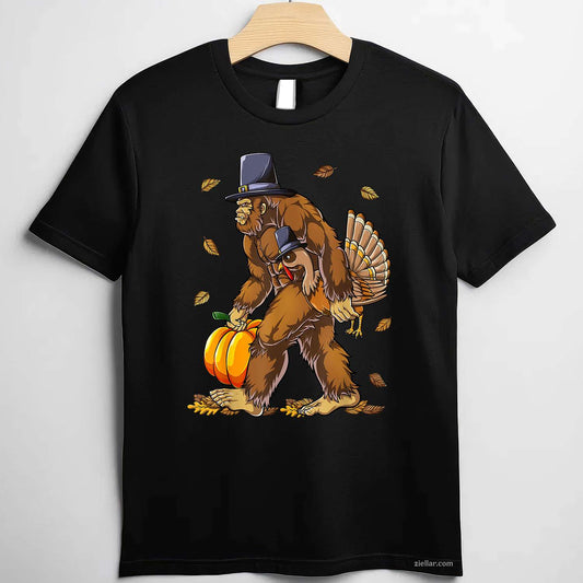 Bigfoot Pilgrim Turkey Pumpkin Day Coolest Autumn T-Shirt And Tee For Men And Boys