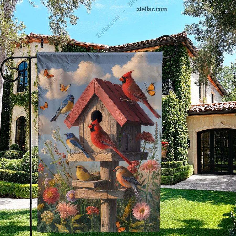 Birdhouse with Colorful Birds and Flowers Garden Flag Spring Outdoor Decor