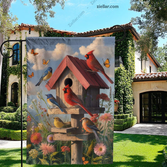 Birdhouse with Colorful Birds and Flowers Garden Flag Spring Outdoor Decor