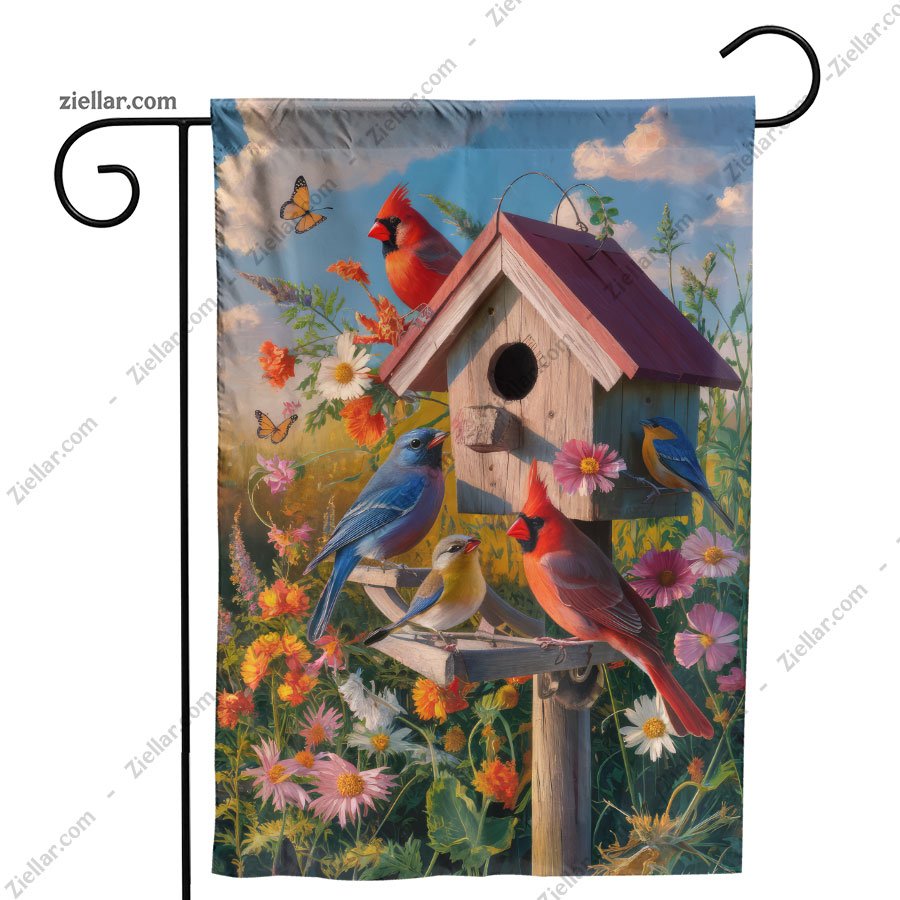 Birdhouse with Bright Birds and Flowers Decorative Outdoor House Flag