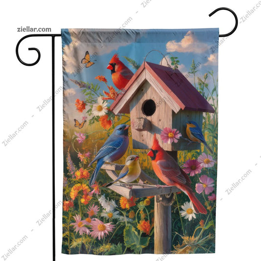 Birdhouse with Bright Birds and Flowers Decorative Outdoor House Flag
