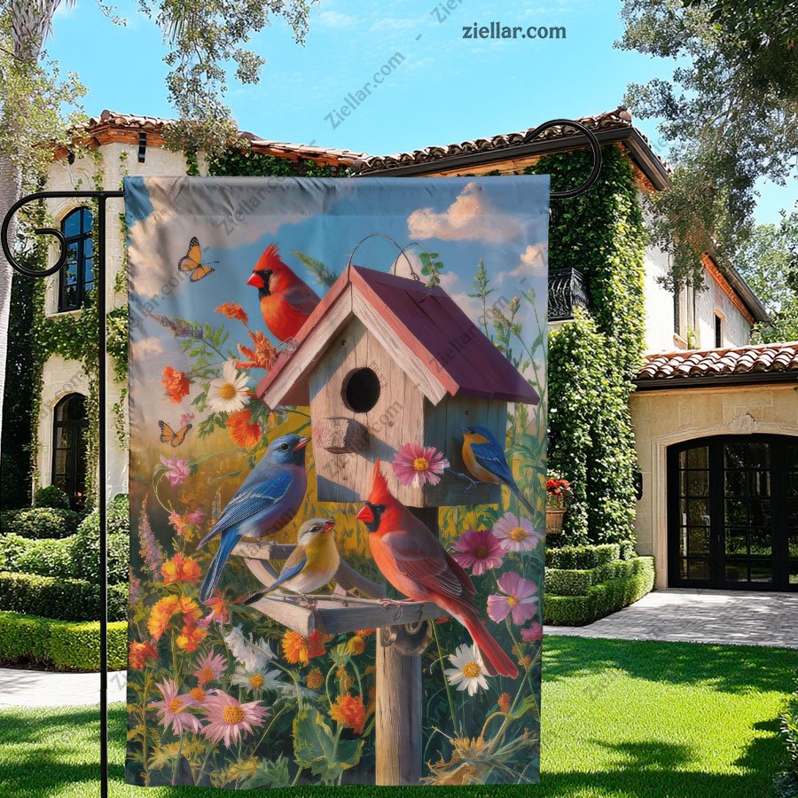 Birdhouse with Bright Birds and Flowers Decorative Outdoor House Flag
