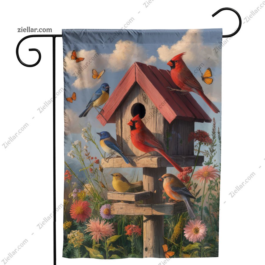 Birdhouse with Colorful Birds and Flowers Garden Flag Spring Outdoor Decor