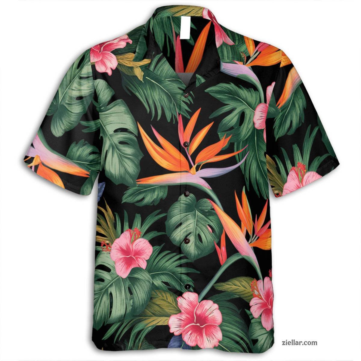 Bird of Paradise Hawaiian Shirt Tee, Tropical Black Aloha Beach Party Wear