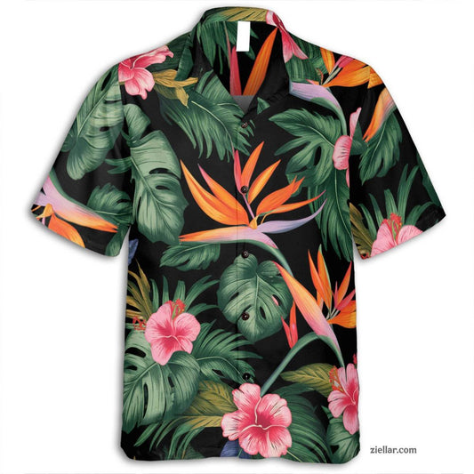 Bird of Paradise Hawaiian Shirt Tee, Tropical Black Aloha Beach Party Wear