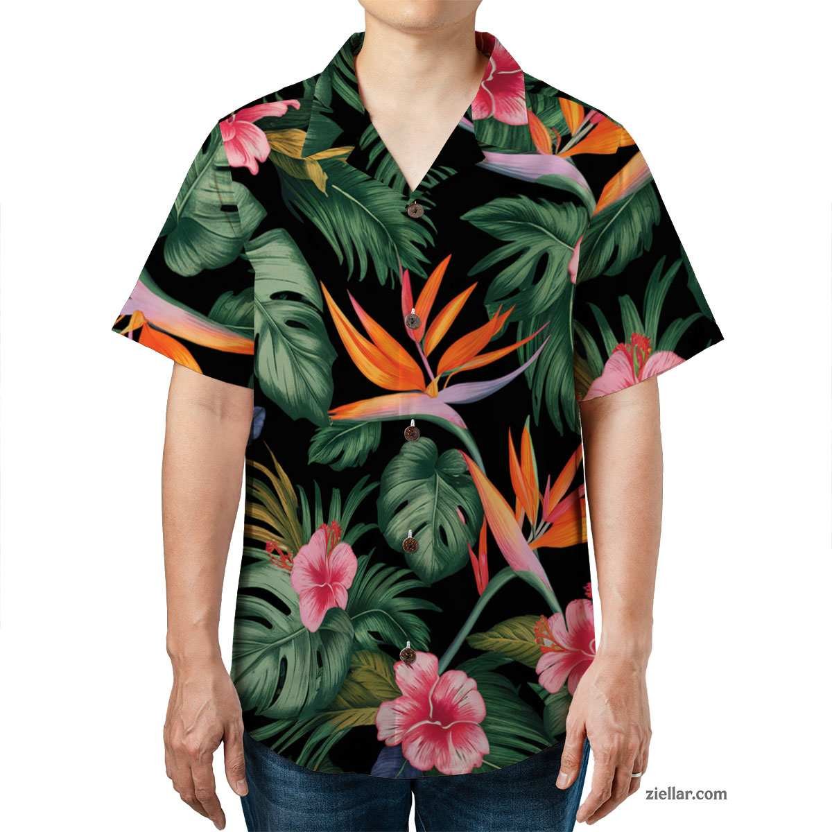 Bird of Paradise Hawaiian Shirt Tee, Tropical Black Aloha Beach Party Wear