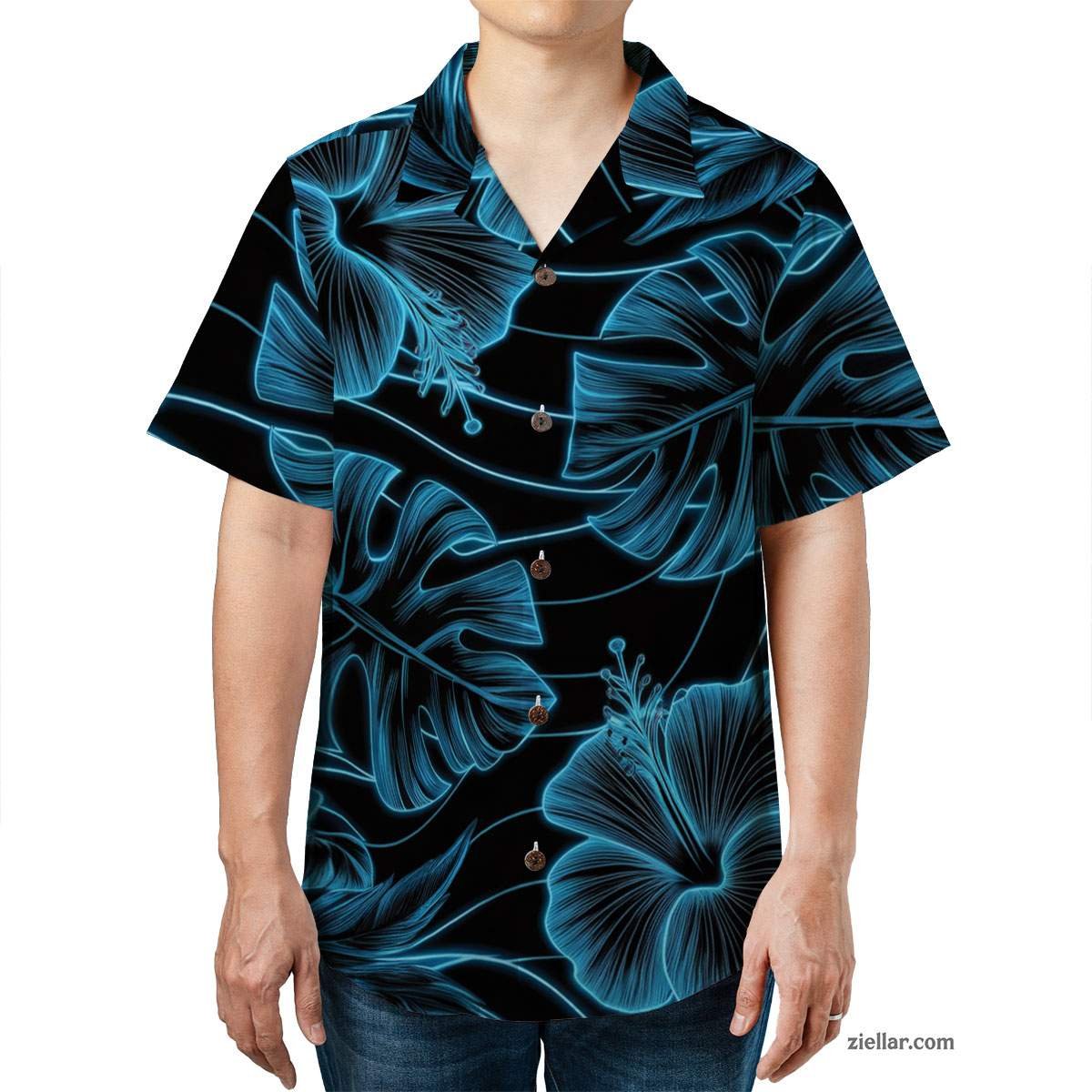 Black Blue Hibiscus Print Hawaiian Shirt and Tee, Tropical Vacation Shirt