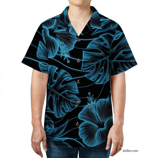 Black Blue Hibiscus Print Hawaiian Shirt and Tee, Tropical Vacation Shirt