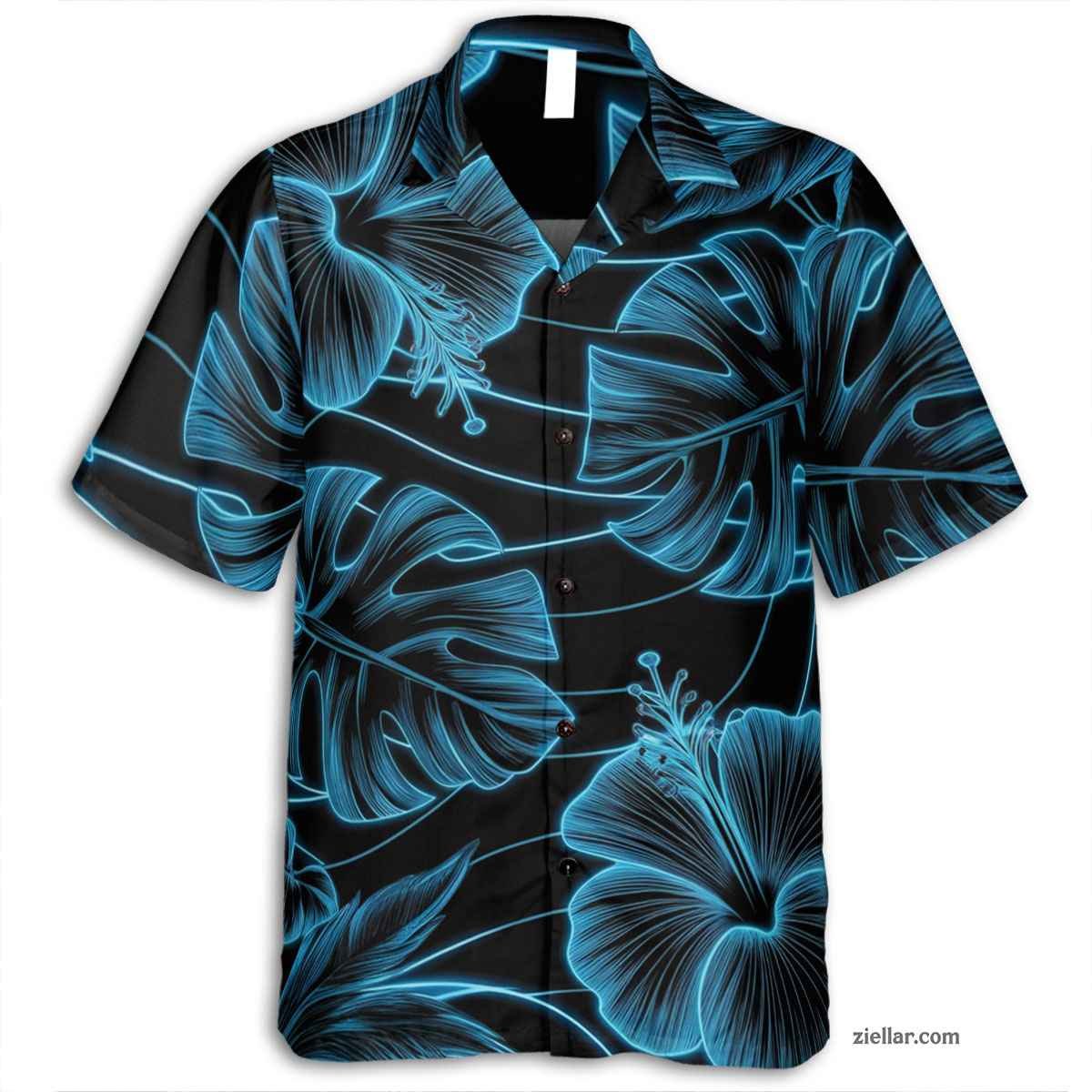 Black Blue Hibiscus Print Hawaiian Shirt and Tee, Tropical Vacation Shirt