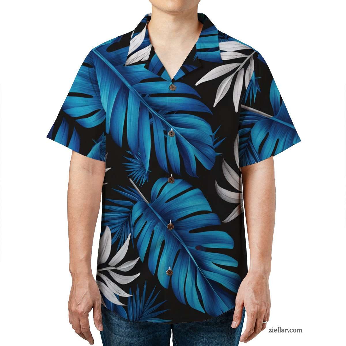 Black Blue Palm Hawaiian Shirt Tee, Tropical Aloha Vacation Shirt Adults