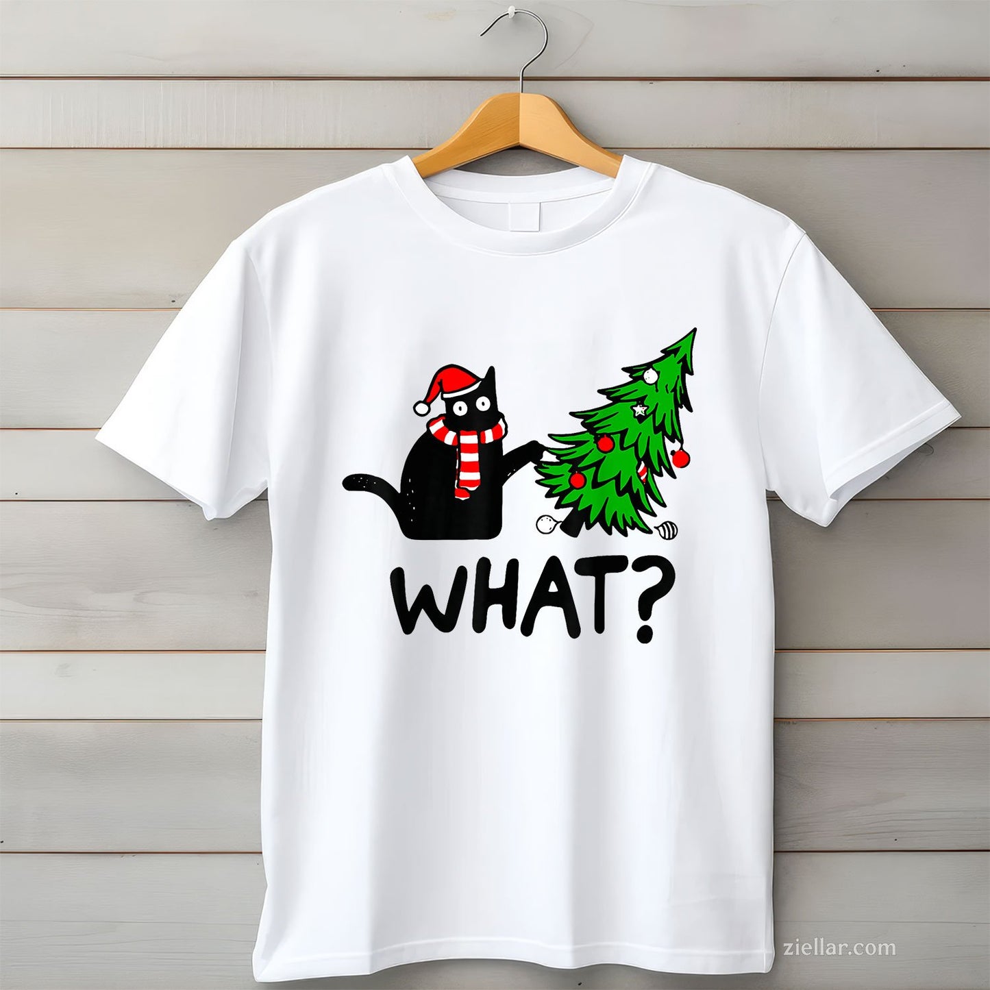 Black Cat Christmas Tee and T-Shirt, Funny Tree Pushing Gift T-Shirt for Adults