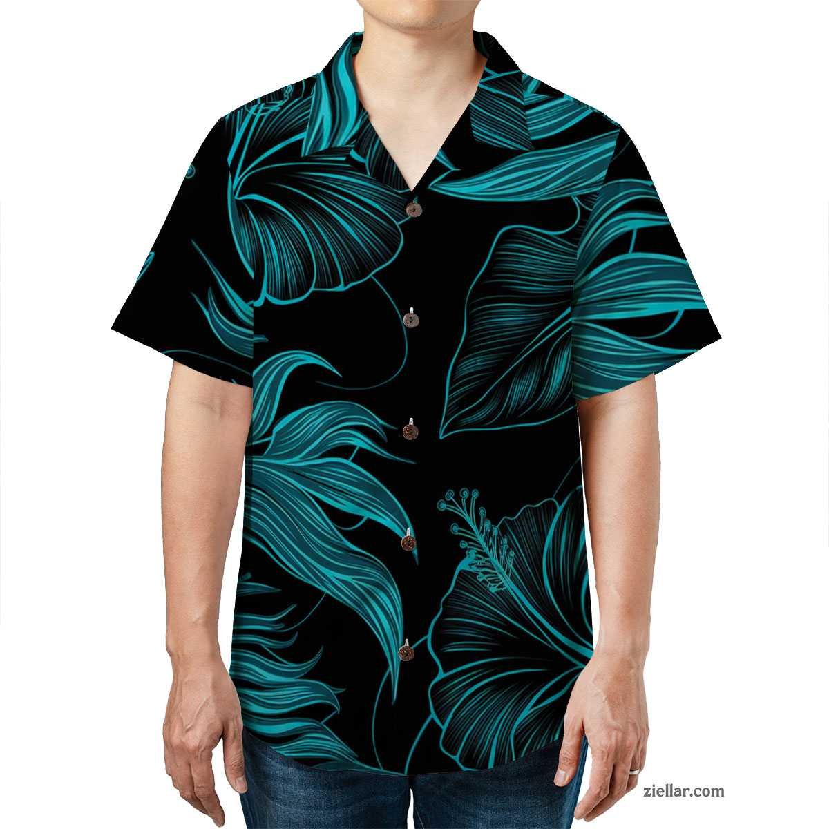 Black Floral Bird of Paradise Hawaiian Shirt and Tee, Tropical Beach Outfit