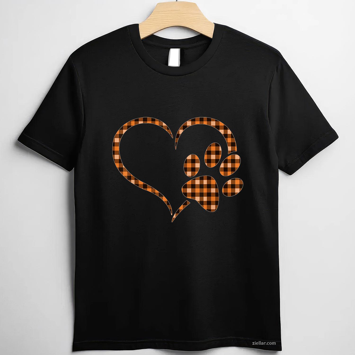 Black Orange Plaid dog paw Print heart Halloween Fall Autumn T-Shirt and Tee for Adults Men Women Unisex