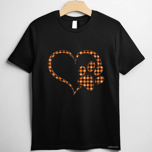 Black Orange Plaid dog paw Print heart Halloween Fall Autumn T-Shirt and Tee for Adults Men Women Unisex