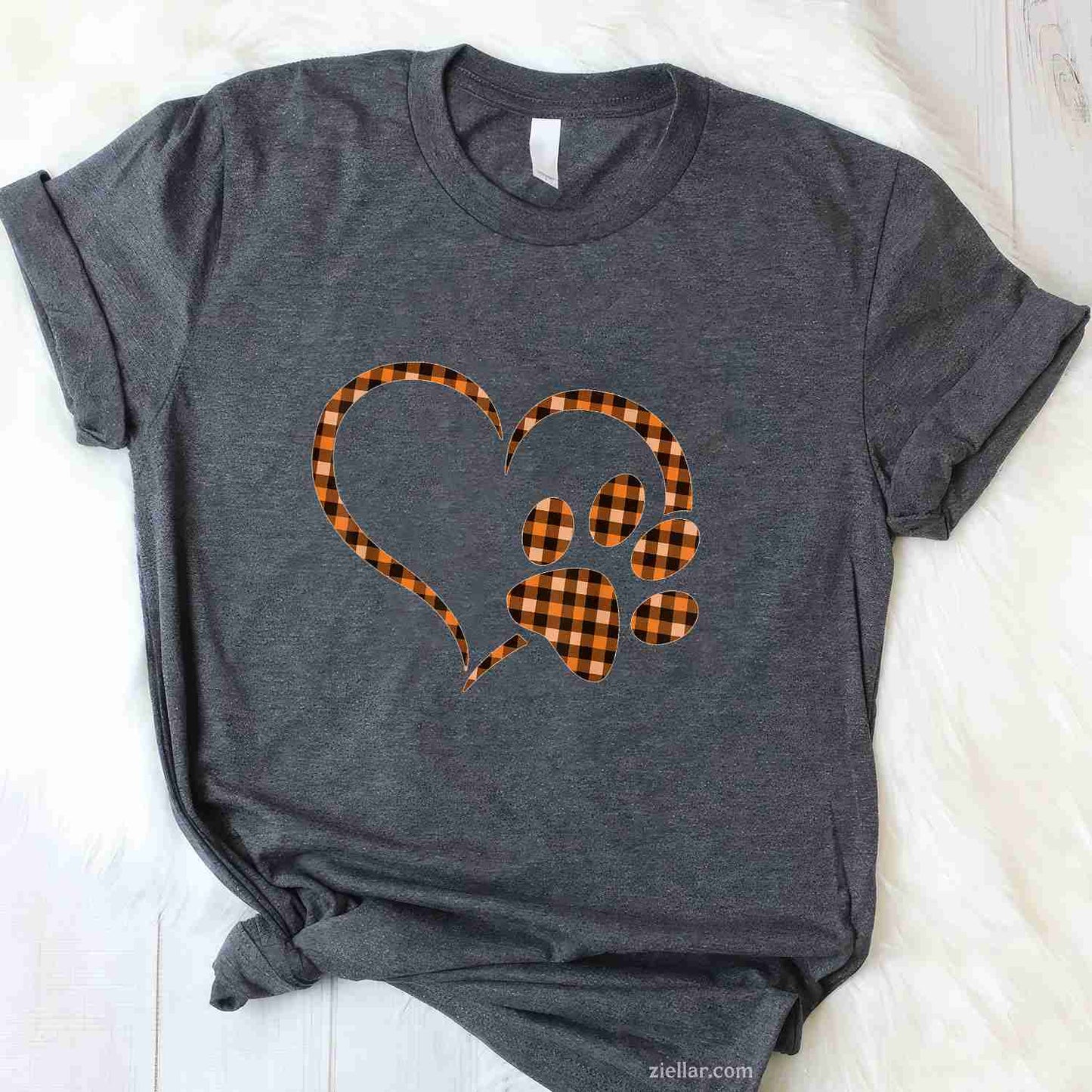 Black Orange Plaid dog paw Print heart Halloween Fall Autumn T-Shirt and Tee for Adults Men Women Unisex