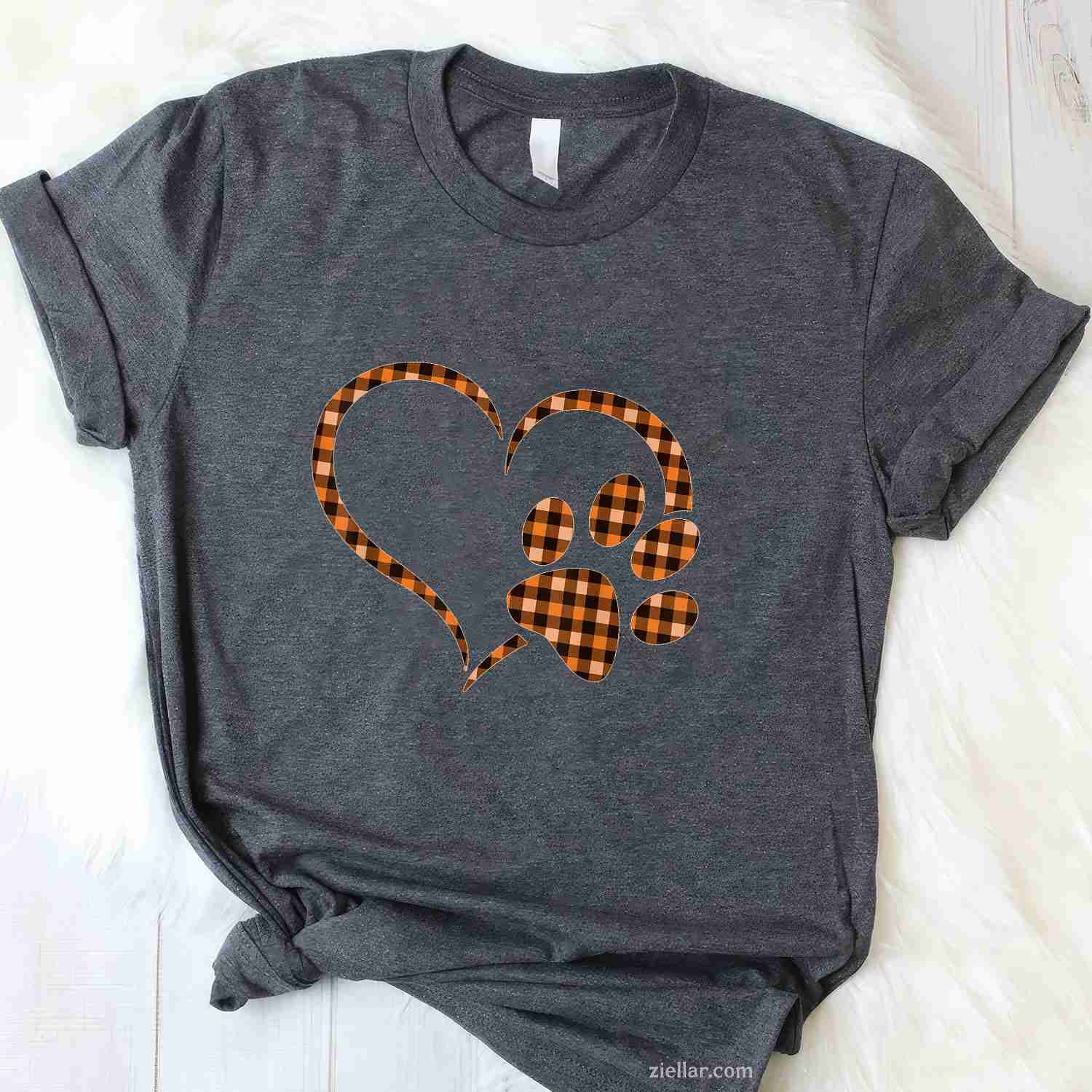 Black Orange Plaid dog paw Print heart Halloween Fall Autumn T-Shirt and Tee for Adults Men Women Unisex