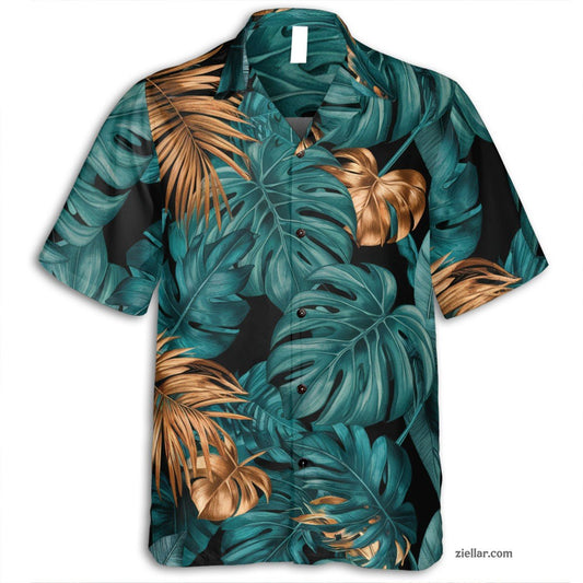 Black Teal Gold Tropical Hawaiian Shirt and Tee, Aloha Beachwear for Adults