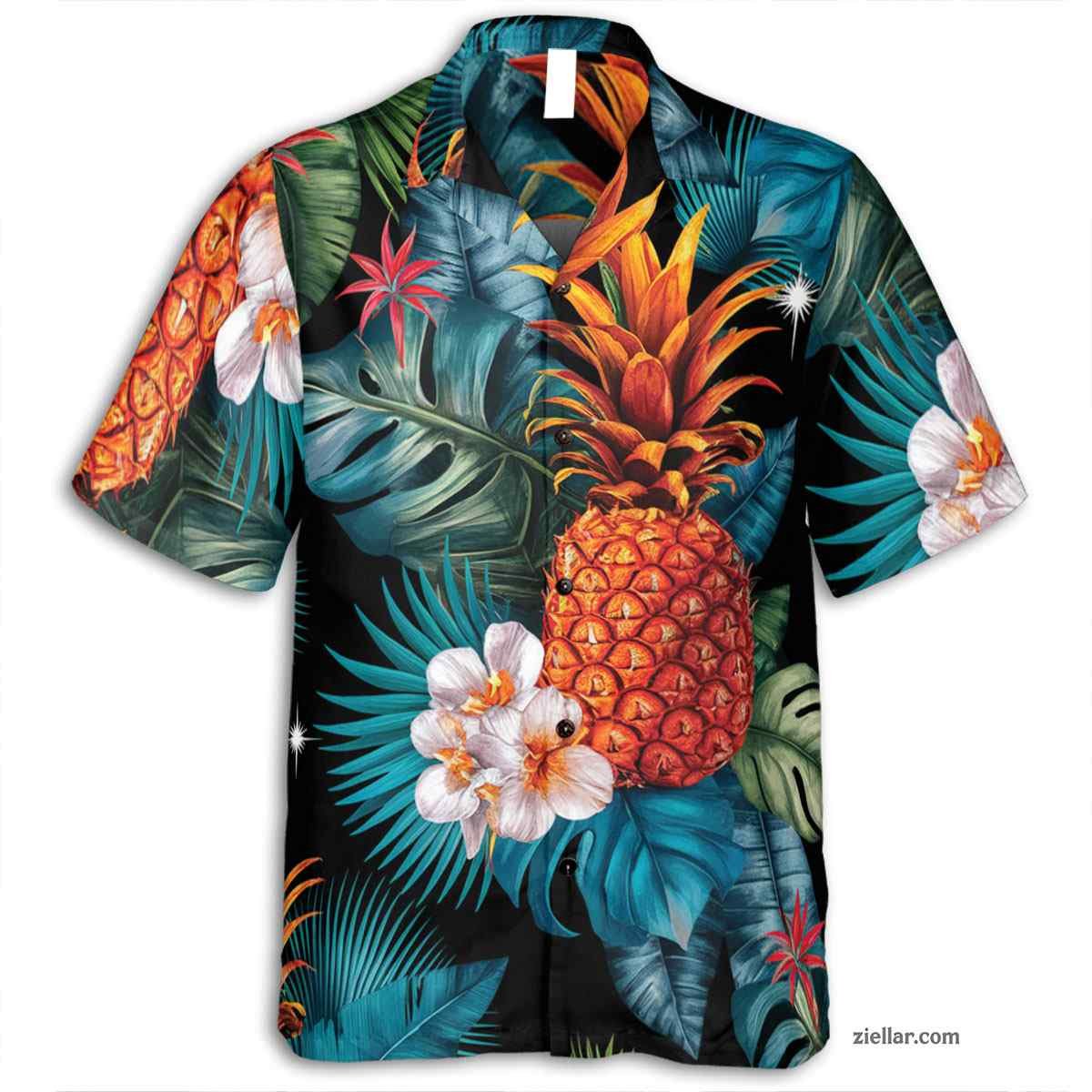 Black Teal Gold Leaf Hawaiian Shirt and Tee, Aloha Summer Party Wear