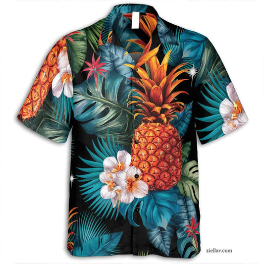 Black Teal Gold Leaf Hawaiian Shirt and Tee, Aloha Summer Party Wear