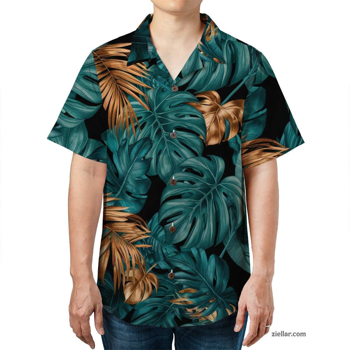 Black Teal Gold Tropical Hawaiian Shirt and Tee, Aloha Beachwear for Adults