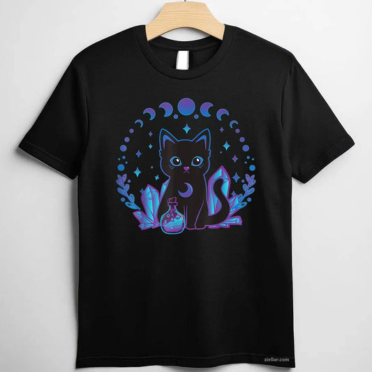 Black Witchy Cat Crystals Gothic Women Kawaii Pastel Goth Tee, Cat Lover T-Shirt for Men Women Adults Unisex, Cool Casual Street Style, Premium Quality