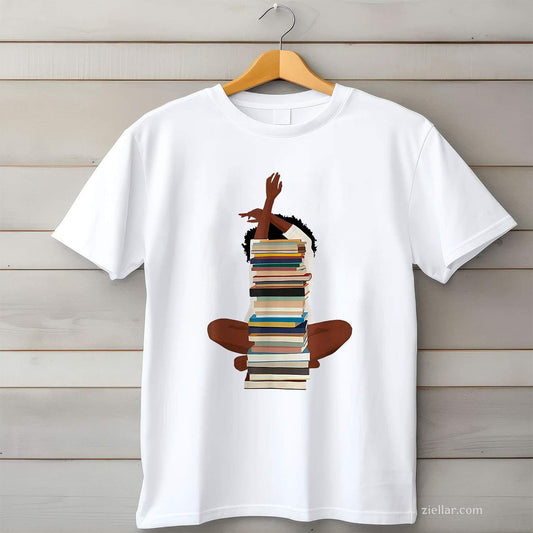 Black Woman And Books Stack - Afro Girl Reading Lover T-Shirt