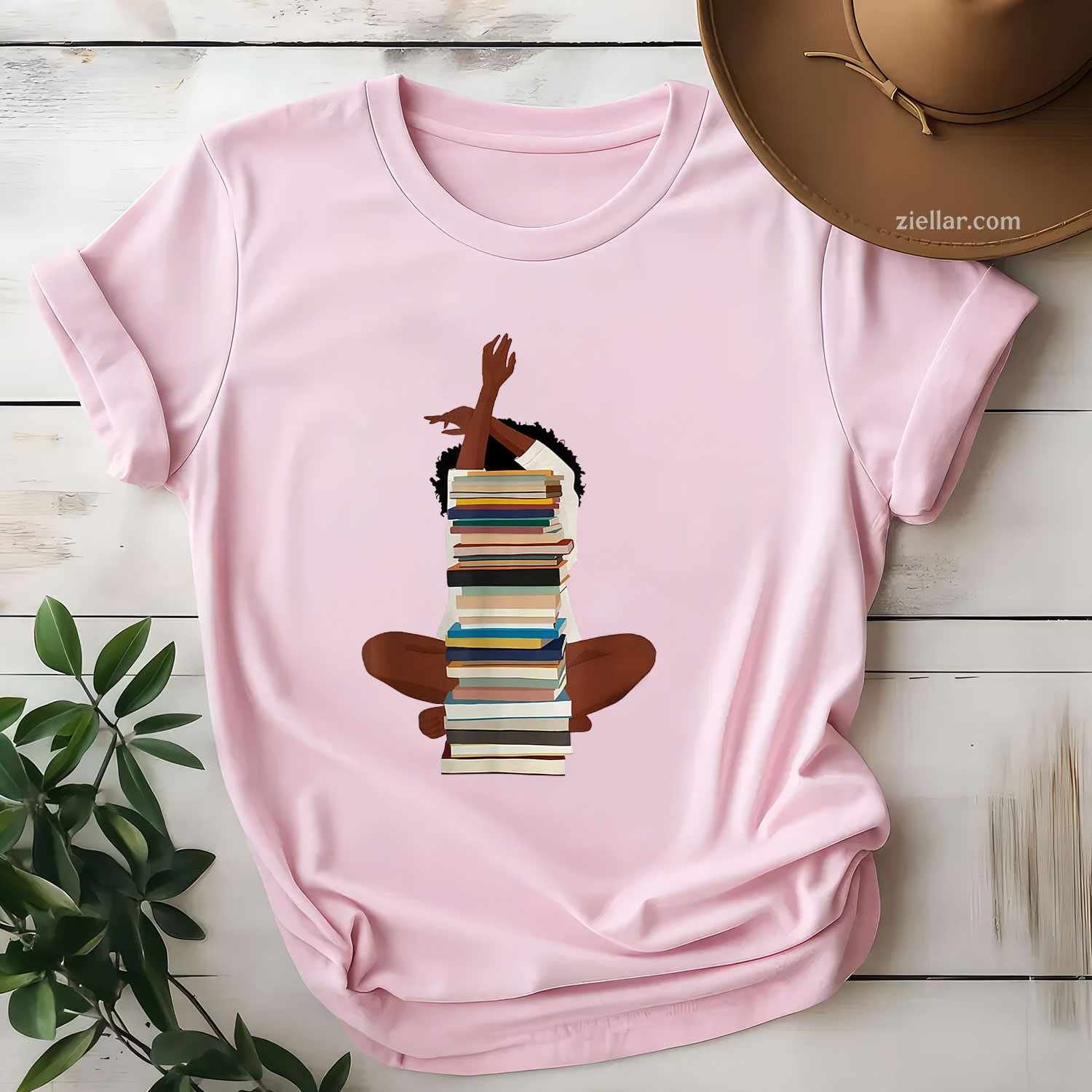 Black Woman And Books Stack - Afro Girl Reading Lover T-Shirt
