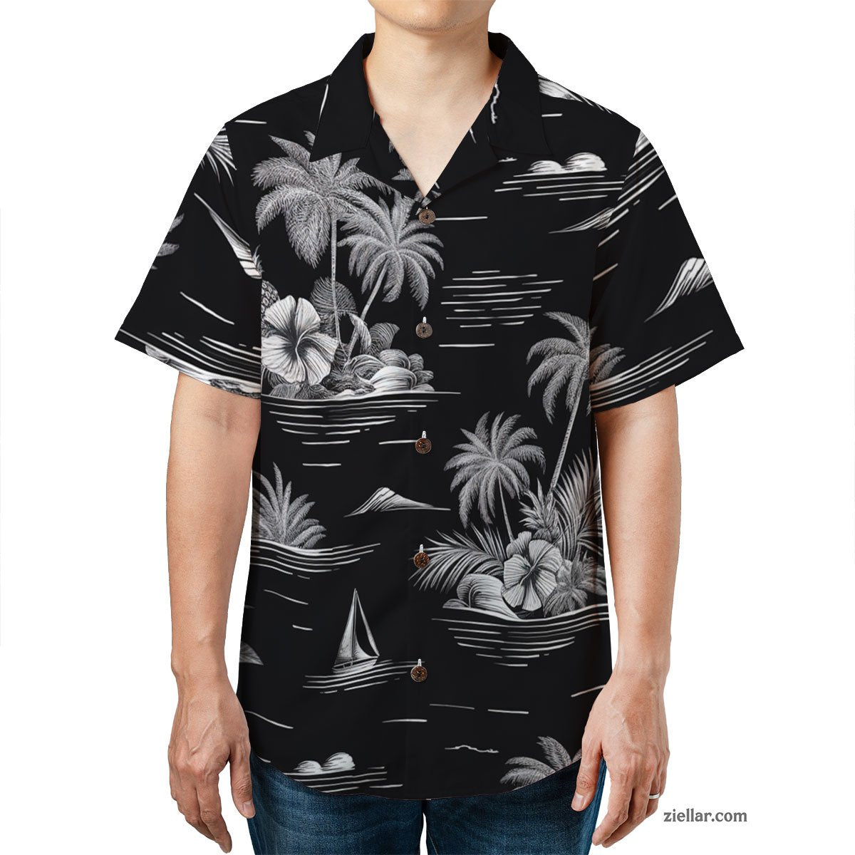 Black & White Tropical Hawaiian Shirt Tee, Vintage Aloha Shirt for Adults
