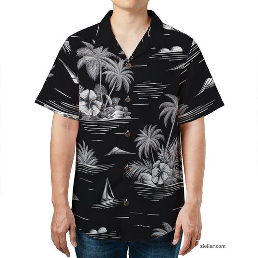 Black & White Tropical Hawaiian Shirt Tee, Vintage Aloha Shirt for Adults