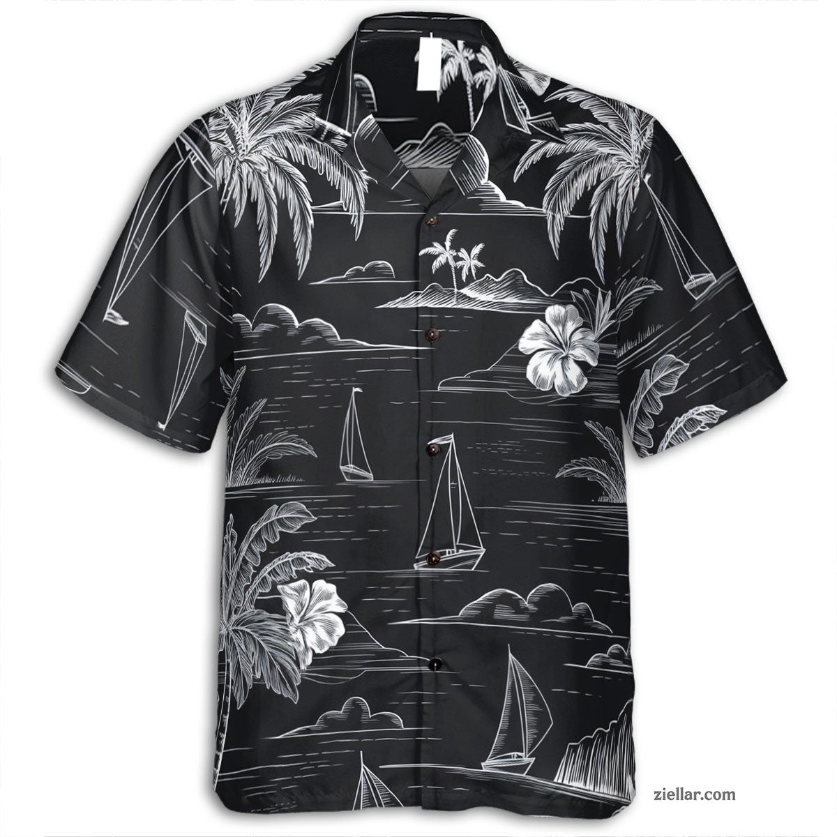 Black and White Tropical Sailboat and Palm Tree Seamless Pattern Hawaiian Shirt – Classic Aloha Look for All Genders